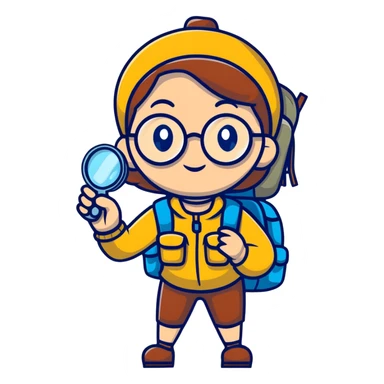 Cheerful woman explorer with glasses and backpack, holding a single magnifying glass in her hand sticker