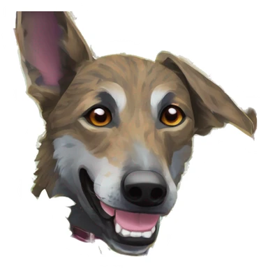  brindle brown black maroon striped lurcher Alsatian fox running blue eyes and iridescent holographic oilslick harness wearing paper iridescent tropical flower crown yellow caution tape sticker