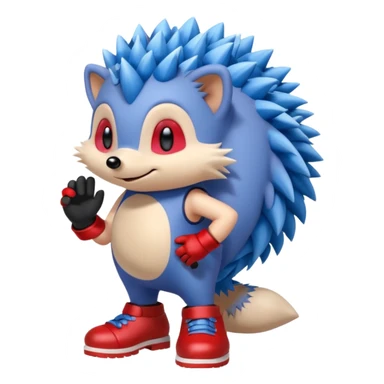 a blue hedgehog that has arms and legs with a tan chest fur, and some gloves and red and white shoes sticker