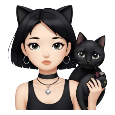 Asian cool girl, black hair.  Holding two BLACK cats. one cat has a round fat face, the other one has a slightly slimmer face. Both pure black.  The girl also wearing a black singlet, a black chocker, silver round hook earring, and wearing eyeliner.  sticker