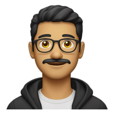 a light skin Pakistani man, wearing round glasses, short moustache, black hair, black jumper/sweater, structured manly face, yellow brimless cap sticker