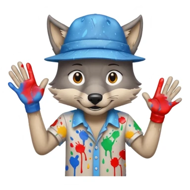Wolf cartoon shaking hand wering hat and paint shirt children version  sticker