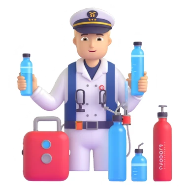 Oceanologist sailor from Vladivostok with scientific instruments, CTD sensor, water sampling bottles, and marine life sticker