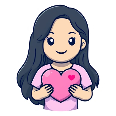 a black girl with long hair hols a pink heart with a smile sticker