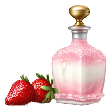 Antique parfumerie bottle with oil, made of red crystals, white cream and pink strawberry milk pour from the bottle sticker