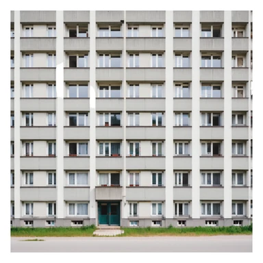 Soviet-era panel apartment building with rows of identical windows, gray concrete facade, flat roof, typical Russian multi-story residential building sticker