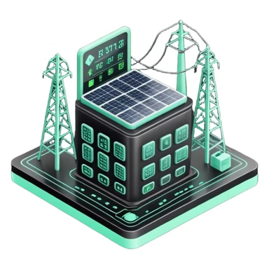 Énergie (Energy), 3D technical icon with black and mint green (#B5F4D3), energy regulatory framework with power grid schematics and compliance metrics sticker