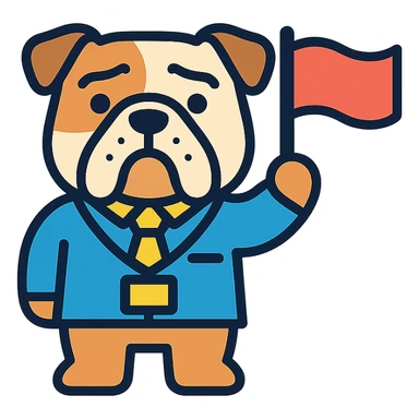 english bulldog tour guide as a web button icon waving a flag, color outline style sticker