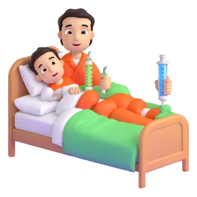 character in bed with thermometer and medicine sticker