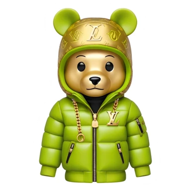 traditional cube-shaped bearbrick toy with squared head, lime balaclava with graffiti logos and integrated dark visor shield, Louis Vuitton monogram puffer jacket with plush fur hood trim, gold chains sticker