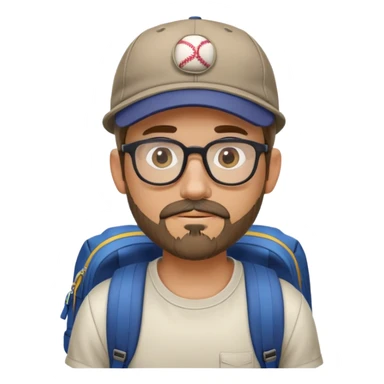adventurer with goatee beard (no beard on cheeks), short hair, glasses, backwards baseball cap and backpack sticker