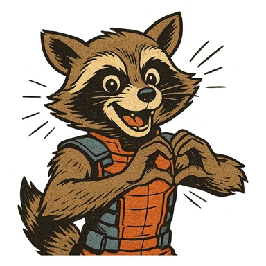 Rocket Raccoon in old school comic book style, making a heart gesture with his hands, cheerful expression sticker