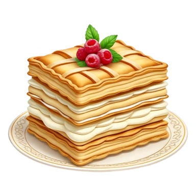 Mille-feuille Cinematic Realistic Mille-Feuille Dessert Emoji, depicted as a delicate pastry composed of two crisp layers of puff pastry with a rich cream filling, rendered with intricate textures and elegant, soft lighting. sticker