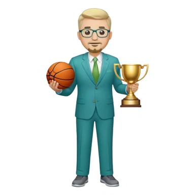 Full Body white male plus size wearing glasses with a goatee with light blonde and gray very short hair happy basketball head Coach in blue and green suit holding trophy sticker