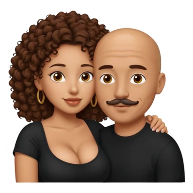A mixed girl, the girl is wearing a black shirt, the girl has brown curly hair  and the girl has big boobs. A Mexican man is embracing her, with bald hair and a short mustache  sticker