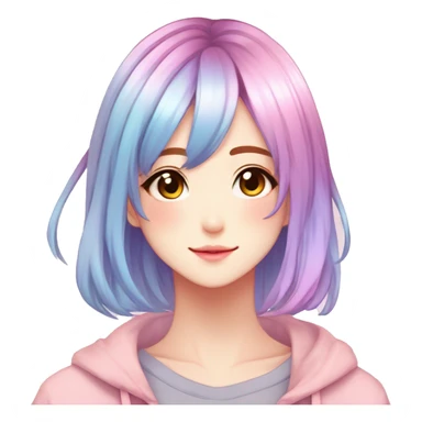 Gorgeous anime style shojo character with blushing face aesthetic and pretty colorful shiny gradient pastel hair with hair garment trending style sticker