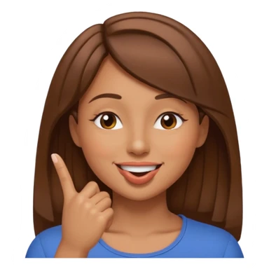 una mujer con un dedo en boca sonriendo y lps ojos en forma medio cerrados creando una curva de sonrisa pelo castaño sticker