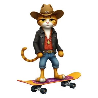 a cool cowboy cat on skateboard, lively sticker