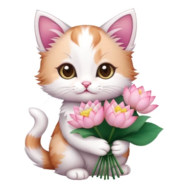 Kitten holding a bouquet of lotus flowers sticker