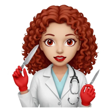 0Scary woman scalpel in hand, evil surgeon sexy surgeon clothes.  She has red eyes. Her  brown long curly hair. Wears sexy doctor outfit with red gloves. make her hair free and brown but she  wear mouth cover   to hide. Wears white surgeon jacket and  only   death long , long beown hair  sticker
