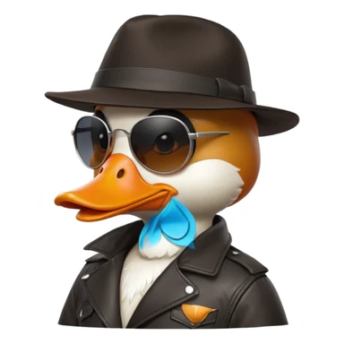 Cute white anthropomorphic duck gangster in black fedora hat, large sunglasses, orange beak, leather jacket. Glossy 3D cartoon emoji style, vibrant, detailed feathers/textures, side profile pose, transparent PNG background, ultra-detailed 8k, no text.
 sticker