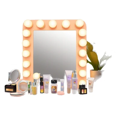 Hollywood vanity with lights around mirror and skincare laid out sticker