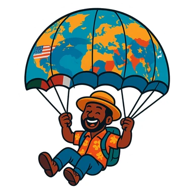 A happy tourist from cultural descent, parachuting with a world map parachute, modern style, vibrant colors, various country flags, detailed and expressive. sticker
