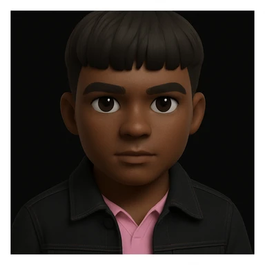 Make the face a bit darker, keep the confident expression and black denim jacket in 3d-emoji style sticker