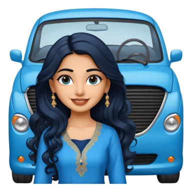 a pretty indian bratz girl with wavy long black hair, wearing a blue kurti, eyeliner on, indian auto behind her sticker