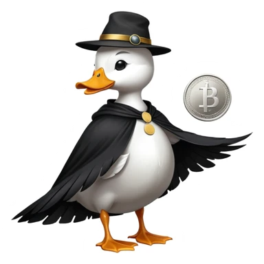 A cool duck wearing a black cloak with a silver coin in its wing sticker
