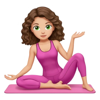 White, green-eyed, brunette cute feminine lady emoji with wavy hair doing pilates wearing pink pilates fit sticker