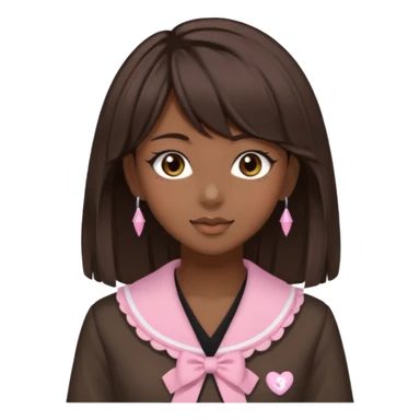 Dark skin, light skin, brown eyes, medium dark brown hair, side bangs, and wears a gyaru outfit  sticker