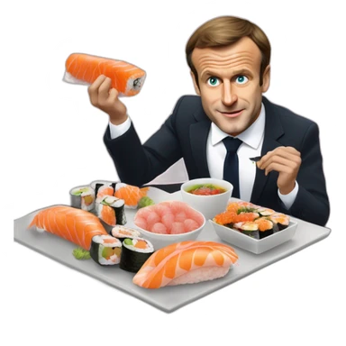 Emmanuel Macron qui chevauche un chat et qui mange des sushis sticker