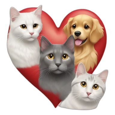 A Golden retriever, a white cat, and a gray cat in a red heart sticker
