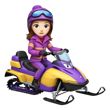 Brown hair, very blue eyes, Woman wearing a Very red coat  on purple and yellow striped snowmobile sticker