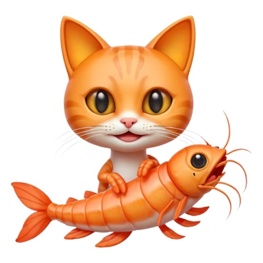 A cute 3D hybrid creature combining a cat and a shrimp, with a cat’s head and a shrimp’s body, bright orange tones, big expressive eyes, smiling face, cartoon style, soft lighting, smooth textures, emoji-like design, high-quality digital illustration. sticker