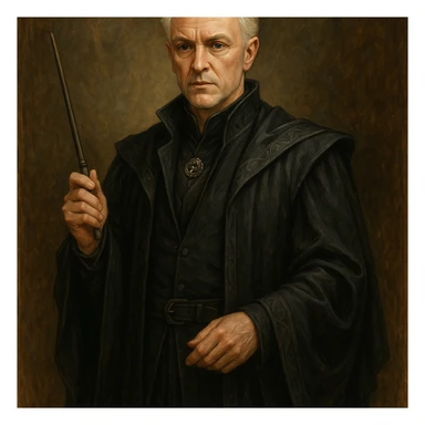 Draco Malfoy, age 37, stylish wizard robes, silver-blond hair, mature, fantasy illustration sticker