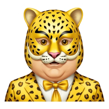 a fat old man, with a yellow suit,  wear half-face golden Leopard masquerade mask sticker