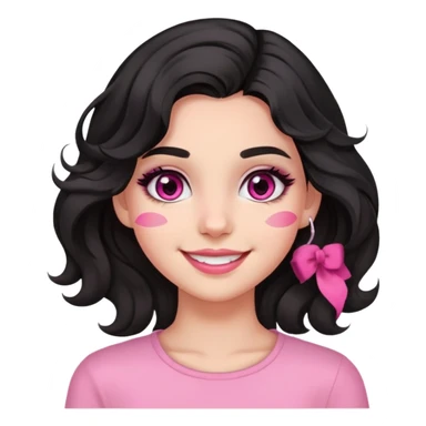 smiling girl with black wavy hair swept to the left, pink eye makeup smudged, no pink on cheeks sticker