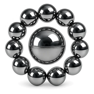 several reflective metallic chrome spheres connected together in a circle with one larger chrome sphere in the center, highly polished, no background sticker