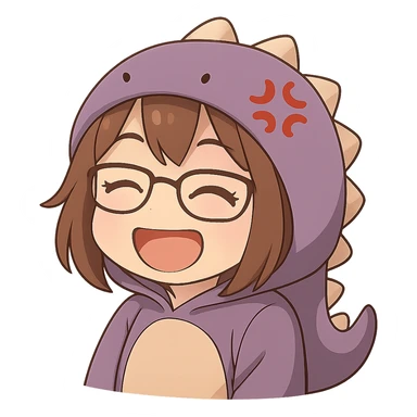 Chibi anime style gamer girl with glasses, brown hair, dark purple eyes, wearing a purple dinosaur costume, making a laughing emote, no controller, same style as reference, no background. sticker