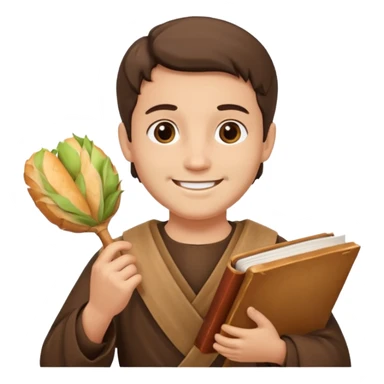 Santo Antônio with brown tunic, holding bread and a book, smiling face sticker