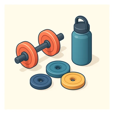 isometric 3d illustration of gym weights and a hydroflask, clean and modern, balanced composition, no text sticker