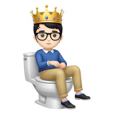 King with crown sitting on a toilet, wearing round glasses and black hair sticker