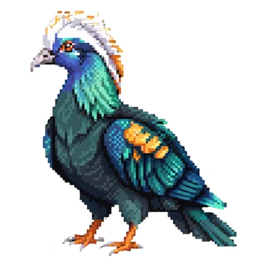 Nicobar pigeon with metallic blue-green feathers, orange beak, and white tail sticker