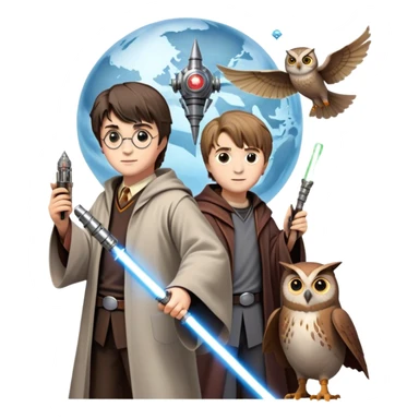 Icon for Fantasy and Sci-Fi Movies: Collage featuring Harry Potter with his wand, Dumbledore. Luke Skywalker with a lightsaber and futuristic robots. Background with a magical planet, Hogwarts, flying owls and spaceships. Epic and magical atmosphere. Transparent background. sticker