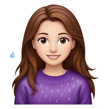 white woman with long brown hair and brown eyes, wearing a sweater, smiling in the rain, with makeup sticker