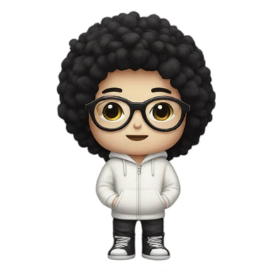 Pale boy, with fluffy black hair, black honeycomb shaped glasses, with a bone hairclip wearing a white hoodie with pink stripes sticker