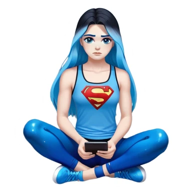 Shameful disappointed crying-very very very very big chest-texting on a samsung cell phone-very long straight flowing black to sky blue hair ombre-blue eyes-black eyeliner-long eyelashes-plastic sparkling sky blue very low cut tank top with sparkling superman logo-black leggings-nike sneakers sticker