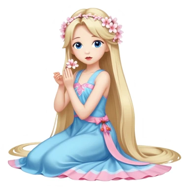 Girl with long blond hair and sakura accessories on her hair with a long tailed dress on the ground and have blue eyes beautiful finish and she sending lovely kisses  sticker